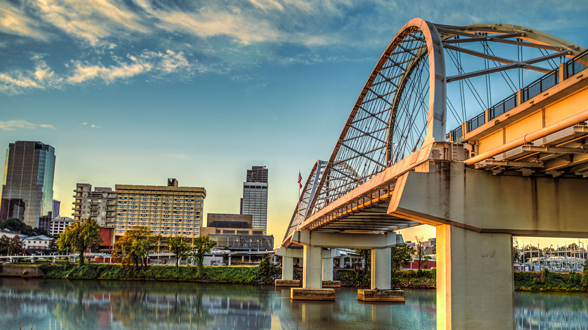 Broadway Street Bridge over the Arkansas River, in downtown Little Rock, Arkansas at sunrise