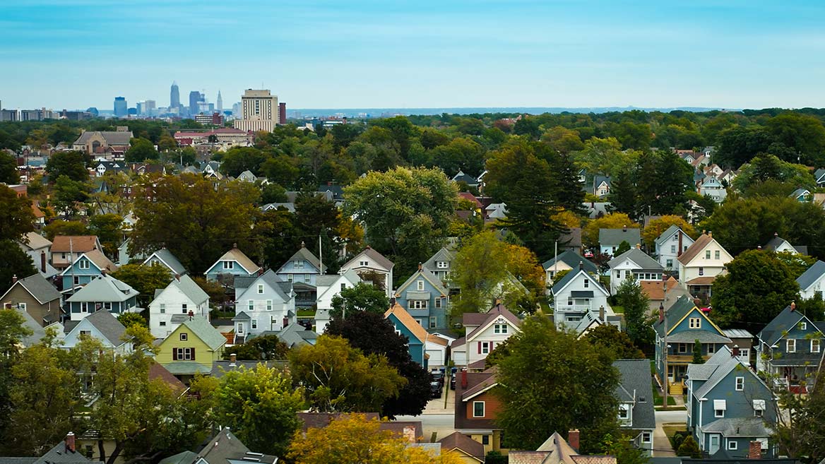 Houses in Lakewood, OH with Cleveland Skyline in Distance